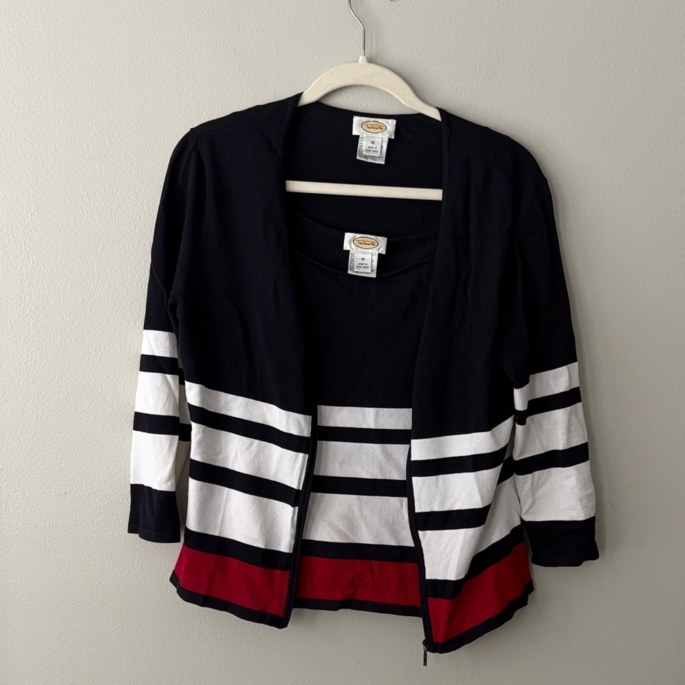 Black and White Striped Cardigan with Red Accent
